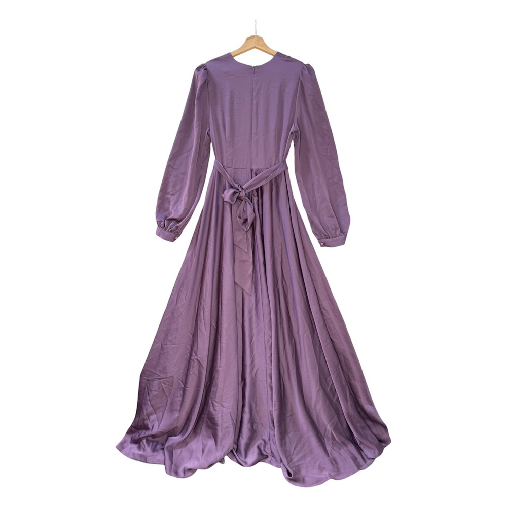 Purple Satin Maxi Dress Long Sleeve High Waist Tie Formal Gown Romantic Cottage - Picture 3 of 7